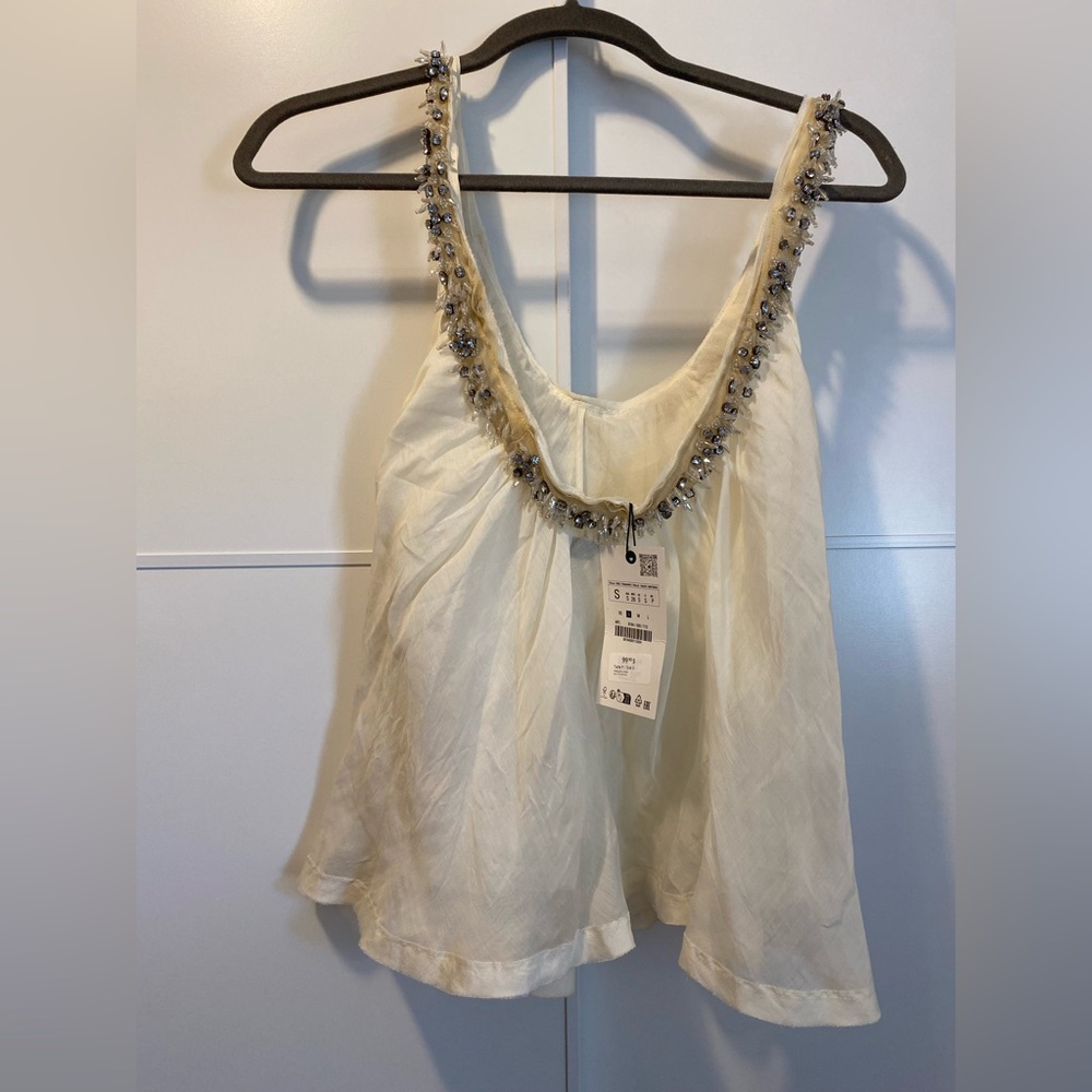Zara Studio Top Blouse Pearls Gemstones Precious Lyocell